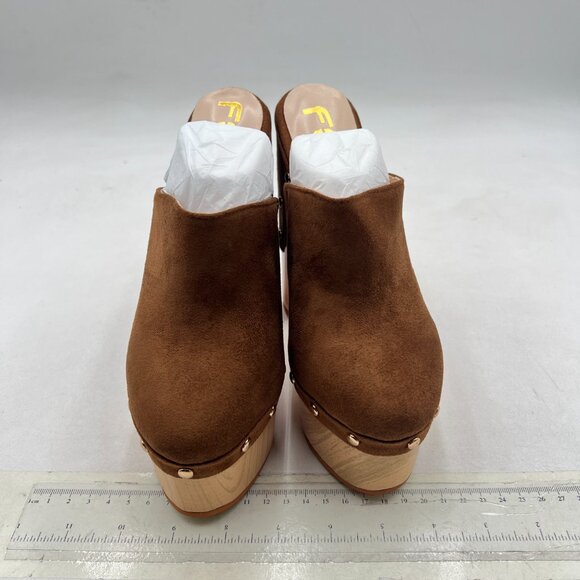 FSJ Brown Suede Round Toe Mules High Chunky Heeled Sandals Slip On Platform Shoe - Picture 3 of 8